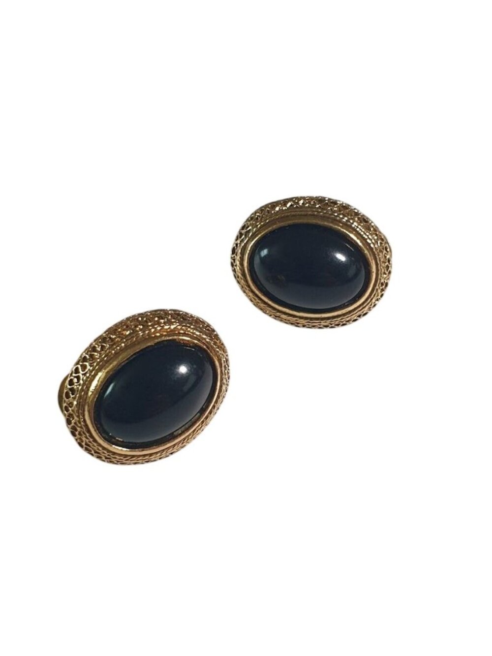 Vintage Clip On Earrings Oval Black Acrylic Gold Tone Textured Retro Jewelry